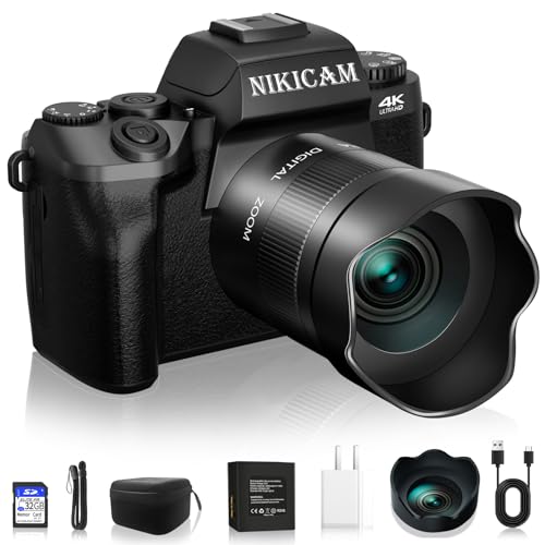 Digital Camera, 4k Cameras for Photography, 64MP WiFi Vlogging Camera for YouTube with Dual Camera, Touch Screen, Flash, 32GB SD Card, Lens Hood, 3000mAH Battery-Black1
