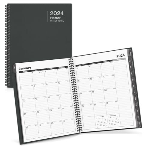 Dunwell Weekly Monthly Planner 2024 (Large, Black) - 8.5 x 11 Daily Planner Calendar Book, 12 Months, Use Jan to Dec 2024, Spiral Bound Planner Calendar with Tabs, Bookmark, Daily Schedule Planner