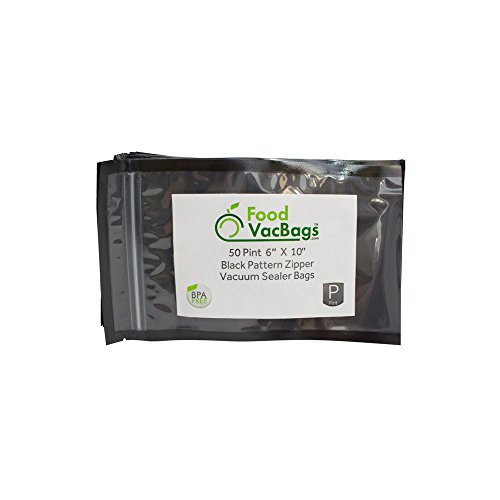 FoodVacBags Pint Zipper 6' X 10' Vacuum Seal Bags/Pouches - Black Back Clear Front (50 count) - Resealable