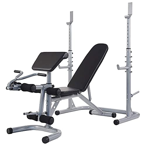 BalanceFrom RS 60 Multifunctional Workout Station Adjustable Olympic Workout Bench with Squat Rack, Leg Extension, Preacher Curl, and Weight Storage, 800-Pound Capacity, gray