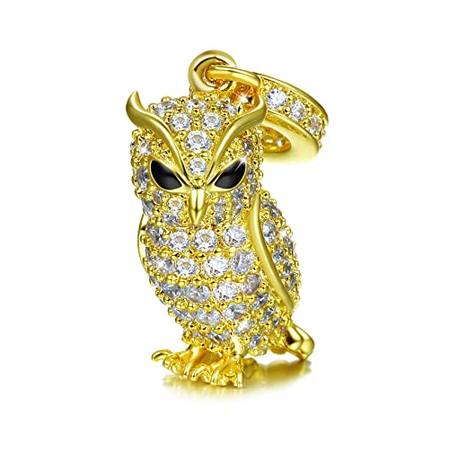 GNOCE Owl Pendant Charm 925 Sterling Silver Guarding You 18k Gold Plated Charm with CZs Fit for Bracelet/Necklace Charm Gifts for Animal Lover