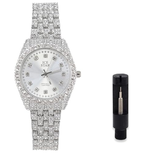 Techno Pave Women's Iced Out 32mm Sleek Diamond Dial Watch - Silver Dial