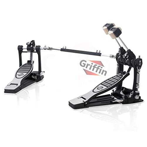 Deluxe Double Kick Drum Pedal for Bass Drum by GRIFFIN | Twin Set Foot Pedal | Quad Sided Beater Heads | Dual Pedal Two Chain Drive Percussion Hardware | Impressive Response for Metal & Rock Drummers