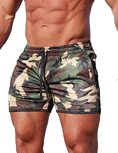 FLYFIREFLY Men's 4' Workout Running Shorts Quick Dry Lightweight Gym Yoga Shorts Green Camo