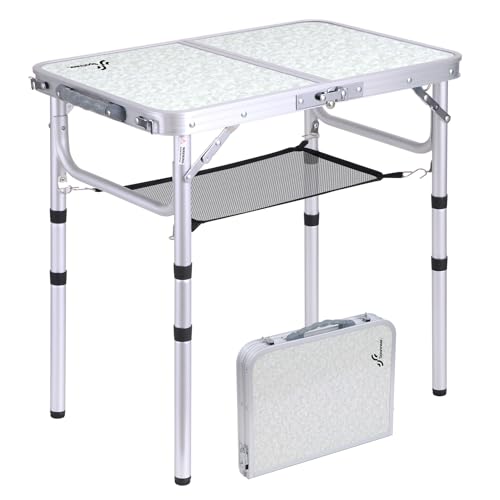 Sportneer Camping Table, 23.6' L x 15.7' W Adjustable Height Small Folding Table with Mesh Layer Portable Camp Tables with Aluminum Legs for Outdoor Camp Picnic Beach BBQ Cooking (3 Height)