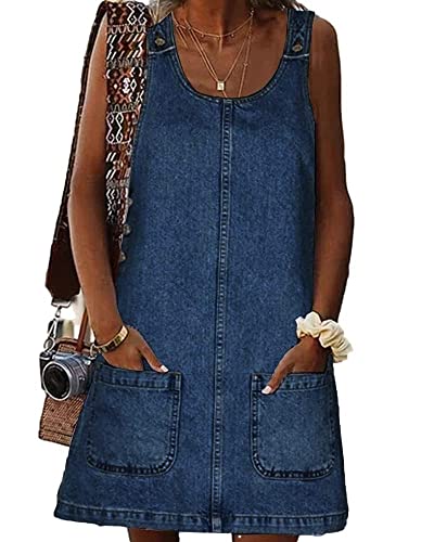 BZB Women's Sleeveless Casual Denim Dress Crewneck Vintage Overall Mini Dress with Pockets (Navy Blue, Small)