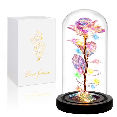 Childom Birthday Gifts for Women,Mothers Day Rose Gifts For Mom From Daughter,Mom Gifts For Her,Colorful Rainbow Light Up Rose In A Glass Dome With Colorful light,Graduation Gifts For Girl Anniversary