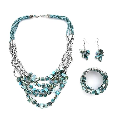 SHOP LC DELIVERING JOY Handmade Chunky Blue Beaded Costume Jewelry for Women Seed Bead Long Necklace Bracelet Earrings Set Boho Beach Summer Mothers Day Gifts for Mom Birthday