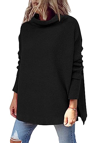 LILLUSORY Oversized Mock Turtleneck Long Sweaters for Women Tunic Black Cozy Sweater Long Sleeve Ribbed Knit Pullover Tops