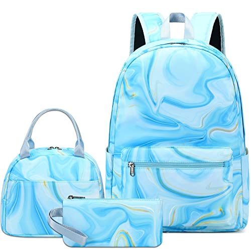 LOIDOU Backpack for Teen Girls Bookbags School Backpack with Lunch Box and Pencil Case 3 in 1 School Bags Set (Marble Blue)