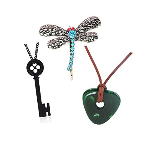 SONGCHANGJEWELRY Coraline Themed Key Pendant Necklace - Green Stone Necklace Dragonfly Hairpin Set - Halloween Cosplay Accessories Black Buttons Necklace for Girls women Jewelry