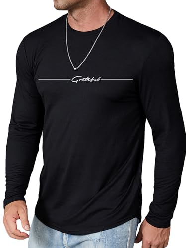 SOLY HUX Men's Letter Print Long Sleeve T Shirt Round Neck Graphic Tees Casual Top Black Letter L