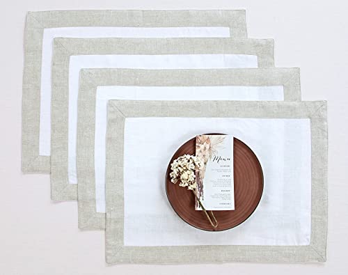 Solino Home Linen Placemats 14 x 19 Inch – White/Natural Shimmer Border, Set of 4 Decorative Placemats for Summer – Festive Edge, Handcrafted and Machine Washable
