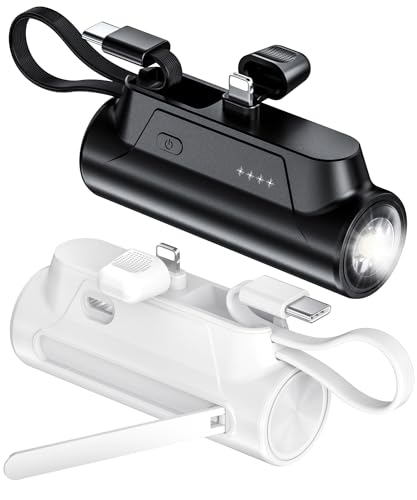 [2 Pack]Portable-Charger-Power-Bank - 6800mAh Small Portable Phone Charger 5V3.1A Fast Charger Built-in Type-C cable Flashlight Phone Holder Cute Battery Pack for iphone , Samsung etc(Black and White)