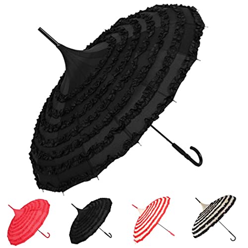 Outgeek Ladies Sunproof Umbrella Parasol Lace Flowers Pagoda-Shaped Victoria Style Long Handle (Black) 2