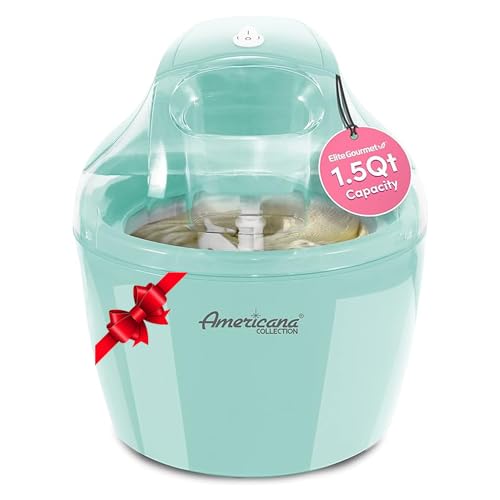 Americana EIM-1400M 1.5 Qt Freezer Bowl Automatic Easy Homemade Electric Ice Cream Maker, Ingredient Chute, On/Off Switch, No Salt Needed, Creamy Ice Cream, Gelato, Frozen Yogurt, Sorbet, Recipe Book