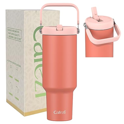 Cafezi 40 oz Tumbler with Handle and Straw, Vacuum Insulated Tumblers with Flip Straw and Top Handle, Reusable Insulated Cup for Home, Outdoors, Leakproof, Fits in Cup Holder, Cold for 30 Hours