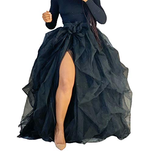 Women Hi Slit Tutu Maxi Dress Tulle Ruffle Mesh Lace Long Skirt Floor Length Layered Evening Dress Wedding Night Party Skirt (Black, One Size)