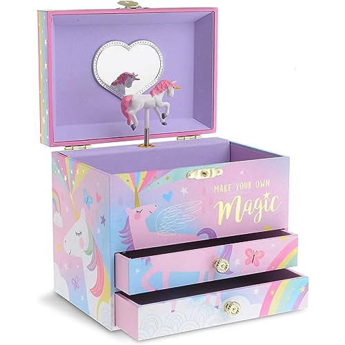 Jewelkeeper Jewelry Box for Girls with 2 Drawers, Cotton Candy Unicorn Musical Jewelry Boxes, Beautiful Dreamer Tune and Spinning Unicorn Doll
