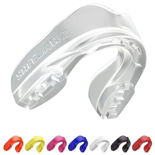 SAFEJAWZ Mouthguard Slim Fit, Adults and Junior Mouth Guard with Case for Boxing, Basketball, Lacrosse, Football, MMA, Martial Arts, Hockey and All Contact Sports (Transparent, Adult)