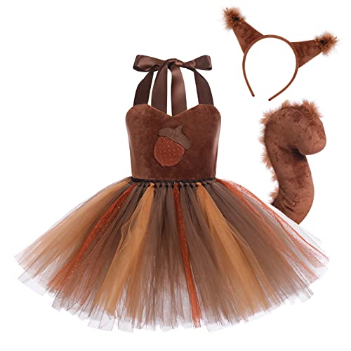 Toddler Girls Squirrel Dress Up Fancy Cosplay Halloween Costume for Kids Princess Costume Themed Party Strawberry Tutu Dress Halter Velvet Birthday Tulle Dress Ears Headband Tail Squirrel 9-10 Years