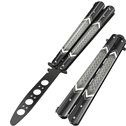 GOOD WORKER Butterfly Trainer - Practice Balisong Butterfly Knives NOT Real NOT Sharp Blade - Cool Design - Black Dull Trick Butterfly - Butter Fly Training - Fathers Day Dad Gift K14B