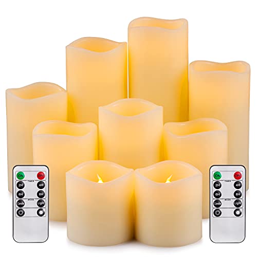 RY King Battery Operated Flameless Candle Set of 9 Real Wax Pillar Decorative Led Fake Candles with Remote Control and Timer (D3 x H3, 3', 4', 4', 5', 5', 6', 7', 8')