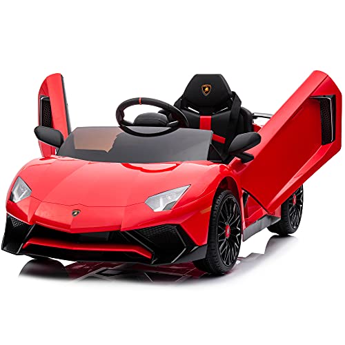 Kidzone Kids Electric Ride On 12V Licensed Lamborghini Aventador Battery Powered Sports Car Toy with 2 Speeds, Parent Control, Sound System, LED Headlights & Hydraulic Doors - Red