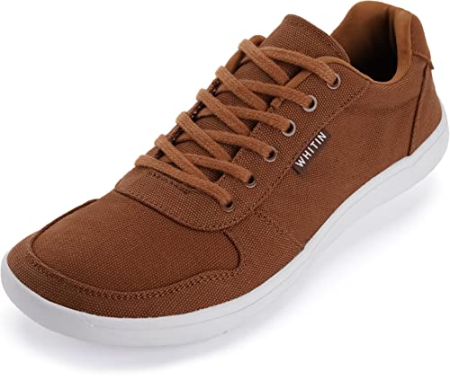 WHITIN Wide Toe Box Shoes for Men Canvas Minimalist Barefoot Sneakers Zero Drop Sole Minimus Size 7 7W Width Breathable Outdoor Brown White 40