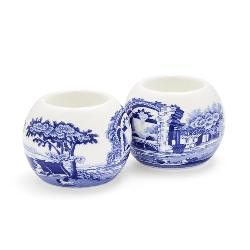 Spode Blue Italian Tealight Holders | Set of 2 Round Tealight Holders | Made of Fine Porcelain | 4 Inch Candle Holders for Home Décor and Housewarming Gift | Dishwasher Safe