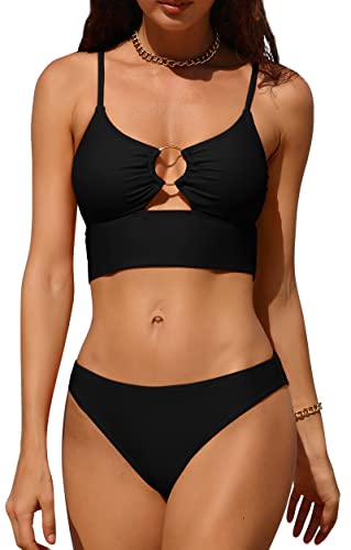 Charmo Sexy Low Waist Bikini Women Cute O-Ring Two Piece Swimwear High Cut Bathing Suit Black M