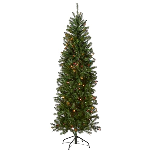 National Tree Company Artificial Pre-Lit Slim Christmas Tree, Green, Kingswood Fir, Multicolor Lights, Includes Stand, 6.5 Feet
