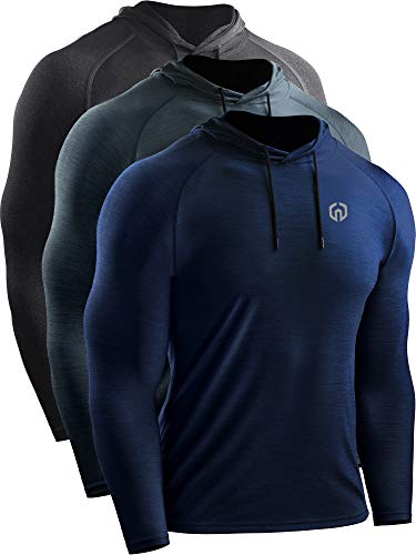 NELEUS Men's 3 Pack Dry Fit Running Shirt Long Sleeve Workout Athletic Shirts with Hoods,5071 Dark Grey,Navy,Slate Grey,US L,EU XL