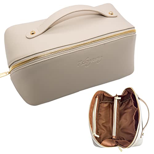 7SKYWAY Travel Makeup Bag, Large Capacity Cosmetic Organizer Bag for Women with Handle and Dividers, Open Flat Bag For Makeup, Toiletries And Pencils (Beige)