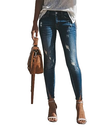 KUNMI Women's Mid Waisted Skinny Ripped Jeans Slim Fit Distressed Stretchy Denim Pants