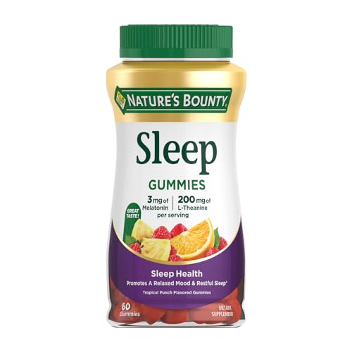 Nature's Bounty Sleep Gummies, 3mg Melatonin and 200mg L-theanine, 100% Drug-Free Sleep Aid, Promotes A Sound Sleep Cycle, 60 Count