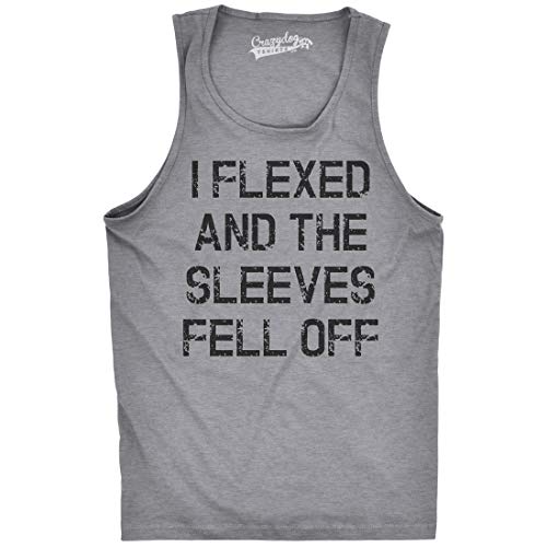 Crazy Dog Mens I Flexed and The Sleeves Fell Off Tank Top Funny Gym Workout Tee Hilarious Sleeveless Muscle Shirt for Guys at The Gym Light Heather Grey L