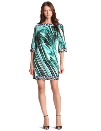 Julie Dillon Women's 3/4 Sleeve Matte Jersey Dress, Peridot Multi, 4