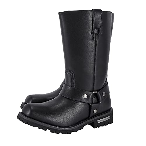 Dream Apparel Men's 12' Harness Motorcycle Boots for Riding, Square Toe Biker Boots, Knee High Boots with Full Length Side Zipper, Black PU Leather Mid Calf Boots, 9.5
