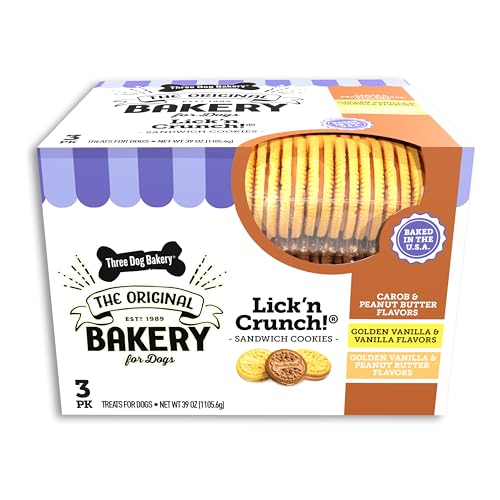 Three Dog Bakery Lick'n Crunch Sandwich Cookies Premium Dog Treats with No Artificial Flavors, Carob/Peanut Butter, Golden/Vanilla, 39 Ounces (Pack of 1)