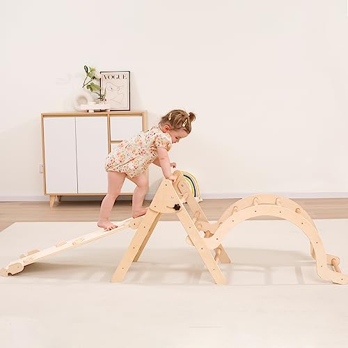 Giant bean Foldable Pikler Triangle Set with Sliding Ramp & Climbing Arch Ramp, 5-in-1 Wooden Toddler Climbing Toys Indoor,Playground Jungle Gym for Kids Age 1-3, Montessori Climbing Set