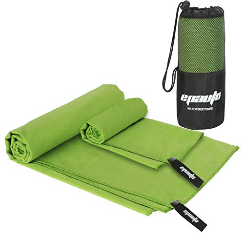 EPAuto 2-Pack Microfiber Fast Drying Travel Gym Towels, Green, (60''x30'', 24''x15'')