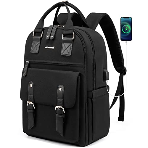 LOVEVOOK Laptop Backpack for Women,15.6 Inch Vintage Work Business Travel Backpack with USB Charging Port,Teacher Doctor Nurse Computer Bag Purse College Backpack, Black-Black