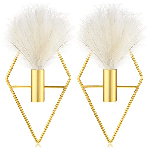 2 Pieces Small Boho Wall Decor Hanging Planters with Artificial Pampas Wall Mounted Metal Wall Decor Gold Modern Home Decor Display Wall Art Bedroom Bathroom Living Room (Rhombus)