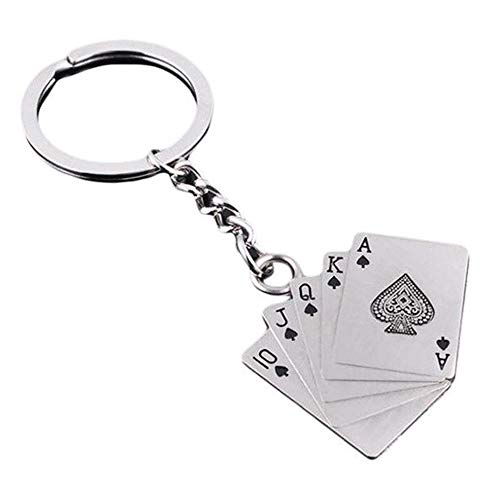 Art Attack Stainless Steel Poker Keychain, Playing Cards Coming Up Spades Royal Flush Bag Charm Pendant Key Ring (Silver)