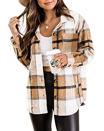 Beaully Womens Casual Plaid Brushed Flannel Button Down Pocketed Shirt Jacket Shackets Coats 6025 Kahki Medium
