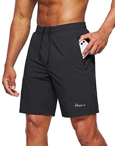 Pudolla Men's Workout Running Shorts Lightweight Gym Athletic Shorts for Men with Zipper Pockets (Black Large)