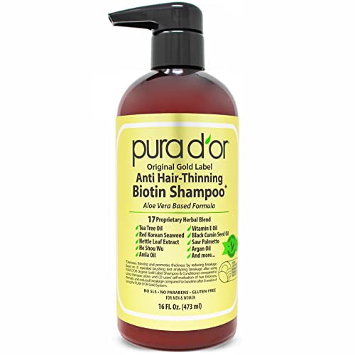 PURA D'OR Original Gold Label Anti-Thinning Biotin Shampoo Natural Earthy Scent, Clinically Tested Proven Results, Herbal DHT Blocker Hair Thickening Products For Women & Men, Color Treated Hair, 16oz