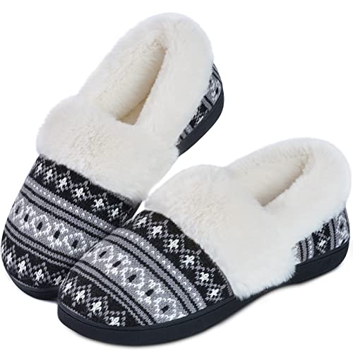 DL Women's Comfy House Slippers with Faux Fur Lining, Memory Foam Slip on House Shoes Nordic with Indoor Outdoor Anti-Skid Rubber Sole, Black, 9-10