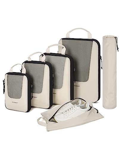 Compression Packing Cubes for Travel, BAGSMART 6 Set Travel Packing Cubes for Suitcases, Compression Suitcase Organizer Bags Set for Travel Essentials, Lightweight Packing Organizers White Opal